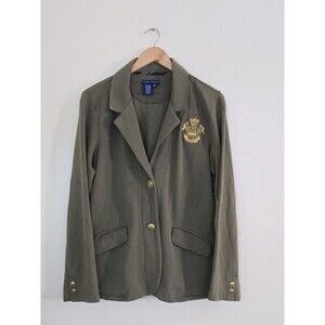 Ralph Lauren Olive Green Cotton Blazer Jacket Gold Crest Womens Size XL Preppy